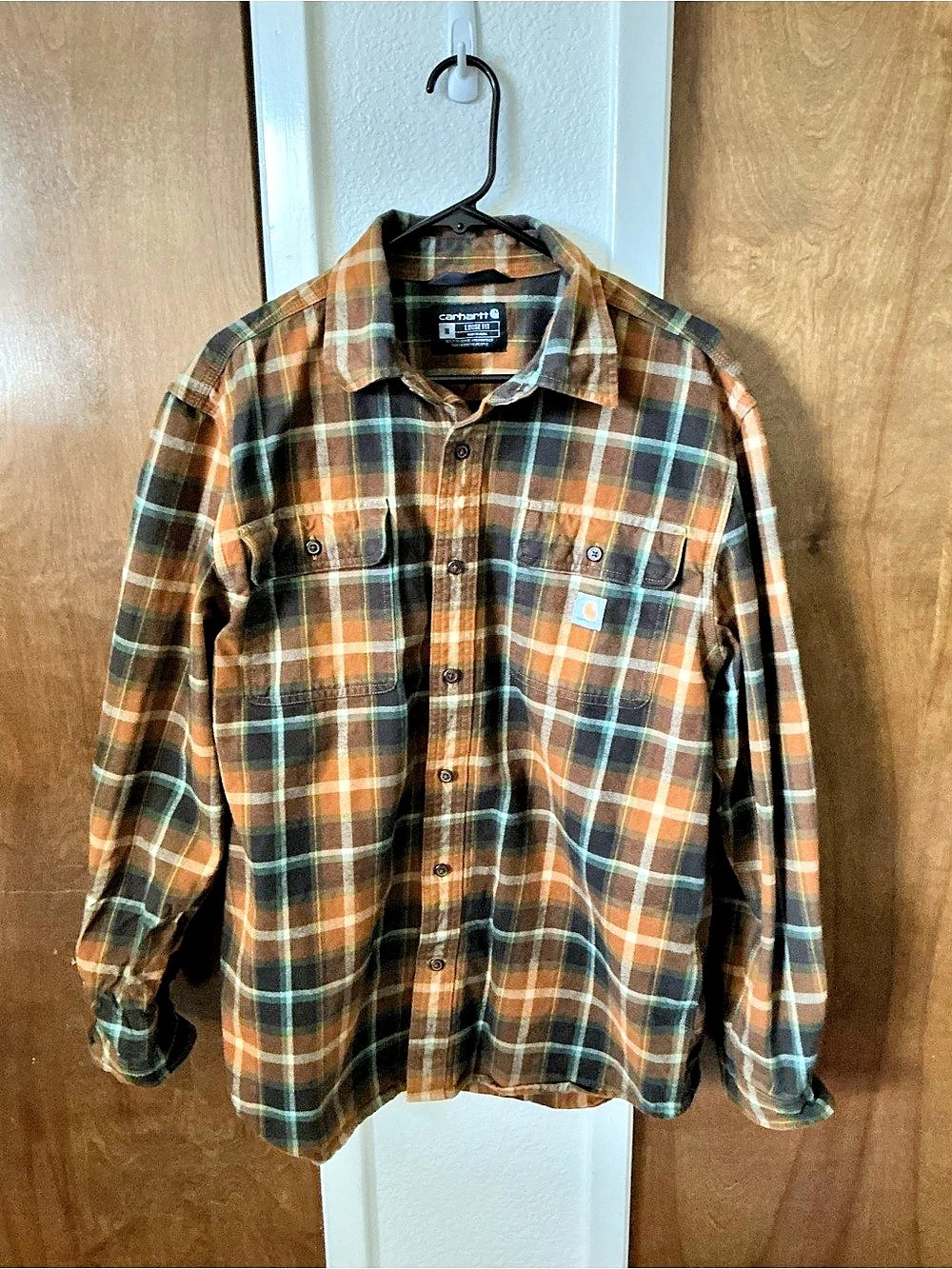 Carhartt Men's Brown Green Plaid Cotton Flannel Long Sleeve Button-Up Shirt M